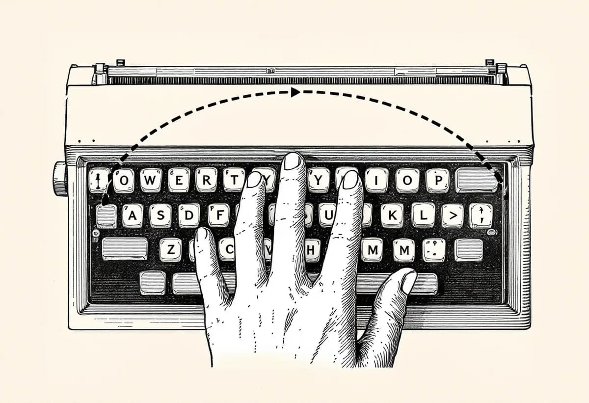 Overhead engraving of a hand resting on the home row of a typewriter keyboard, with a dashed arc tracing the long reach out to the correction key and back.